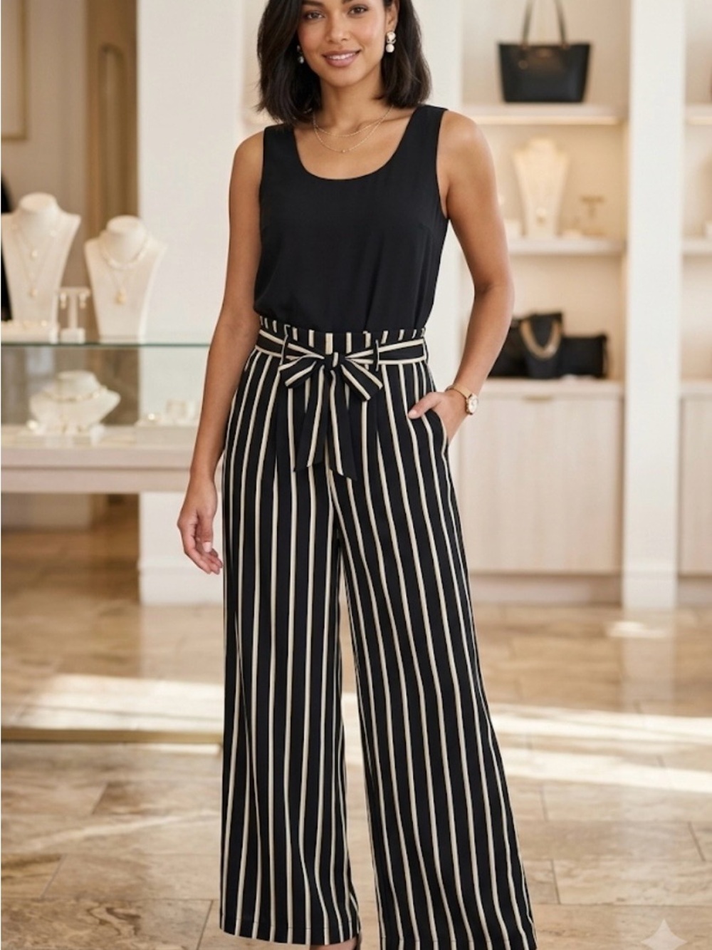 Classic Black & Cream Striped jumpsuit size L